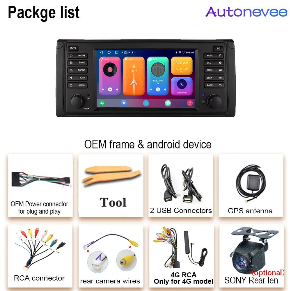 7" Android Car Stereo for BMW 5 Series E39 & X5 E53 (1996–2003) — Android Auto, GPS, 4G, WiFi, 2-DIN