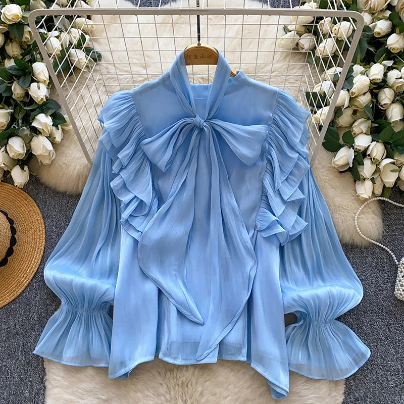 Women's Bow Chiffon Blouse - Ruffle Hem Long Sleeve Top - photo 8
