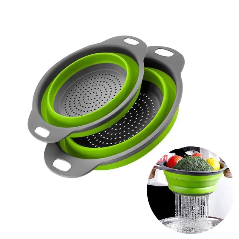 Single Pc Kitchen Travel Colander - Green Silicone Collapsible Strainer for Draining Pasta Fruits Vegetables
