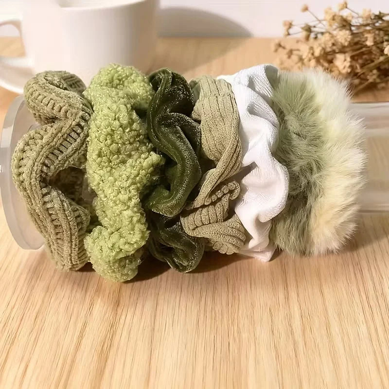 7pcs Velvet Scrunchies Set - Green Mix, Luxe Feel. Soft & Elegant Boho Hair Bands for Women, Perfect for Winter Hairstyles.