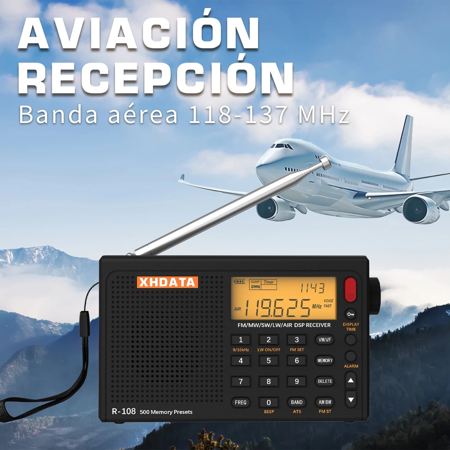 XHDATA R108 Digital Portable Radio AM FM Stereo Shortwave LW Air Band Multiband Receiver with Alarm Clock Display Speaker