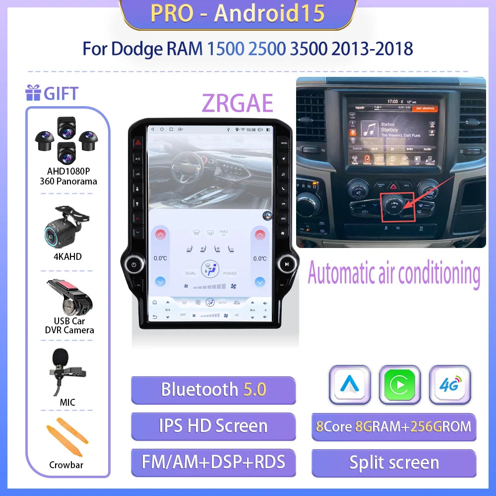14.5" Android 15 Car radio multimedia player For Dodge RAM 1500 2500 3500 2013-2018 GPS Navigation Tesla Screen Wireless Carplay
