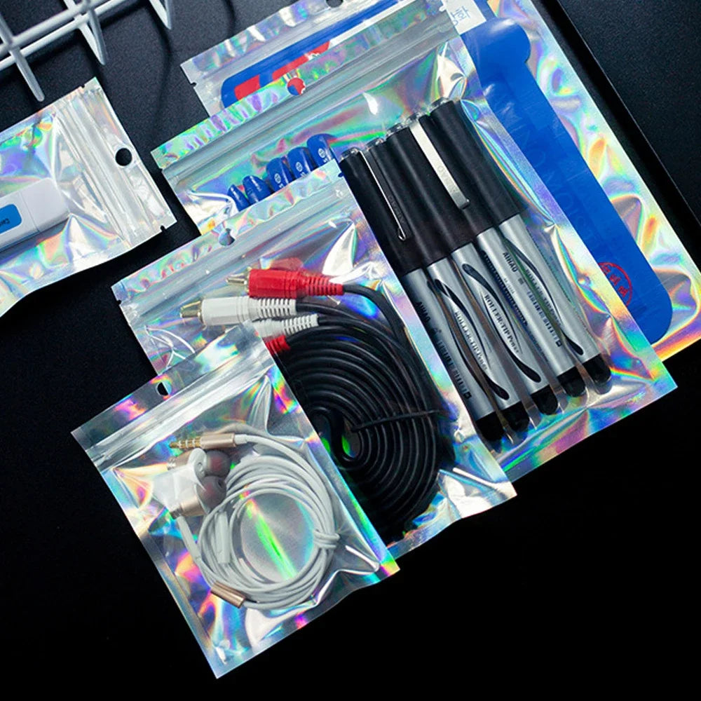 400-1PCS Color Laser Sealing Bags Plastic Holographic Candy Food Pouch Resealable Necklace Jewelry Gift Packaging Storage Bag