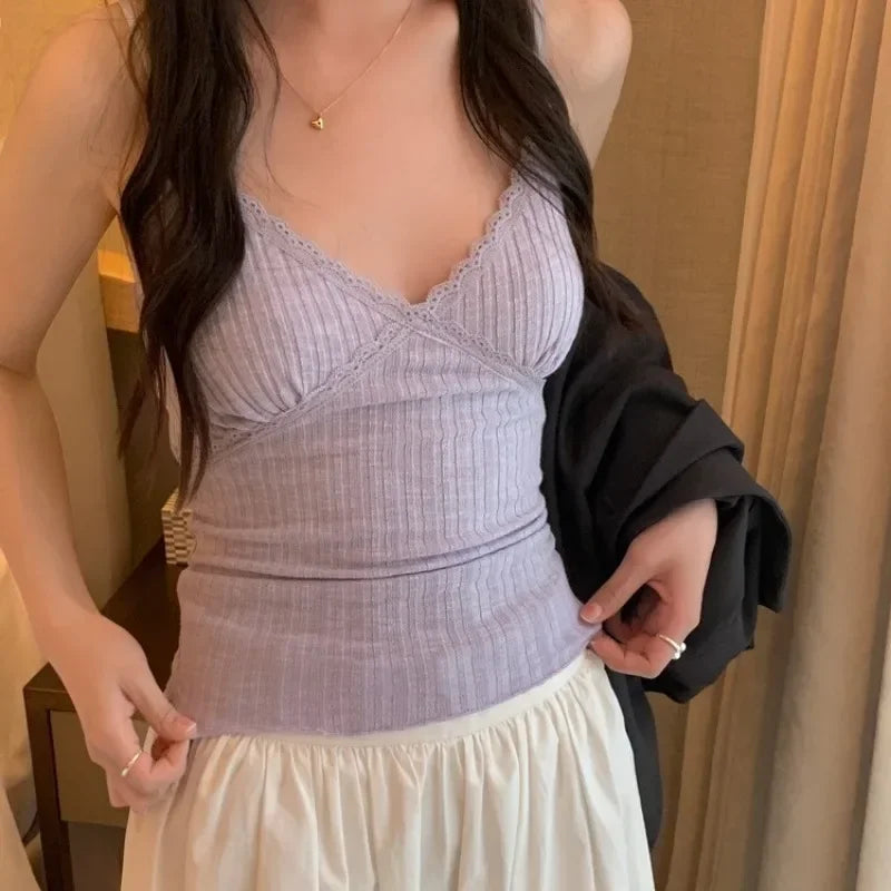 French Lace Deep-V Tank Top — Women's Padded Camisole