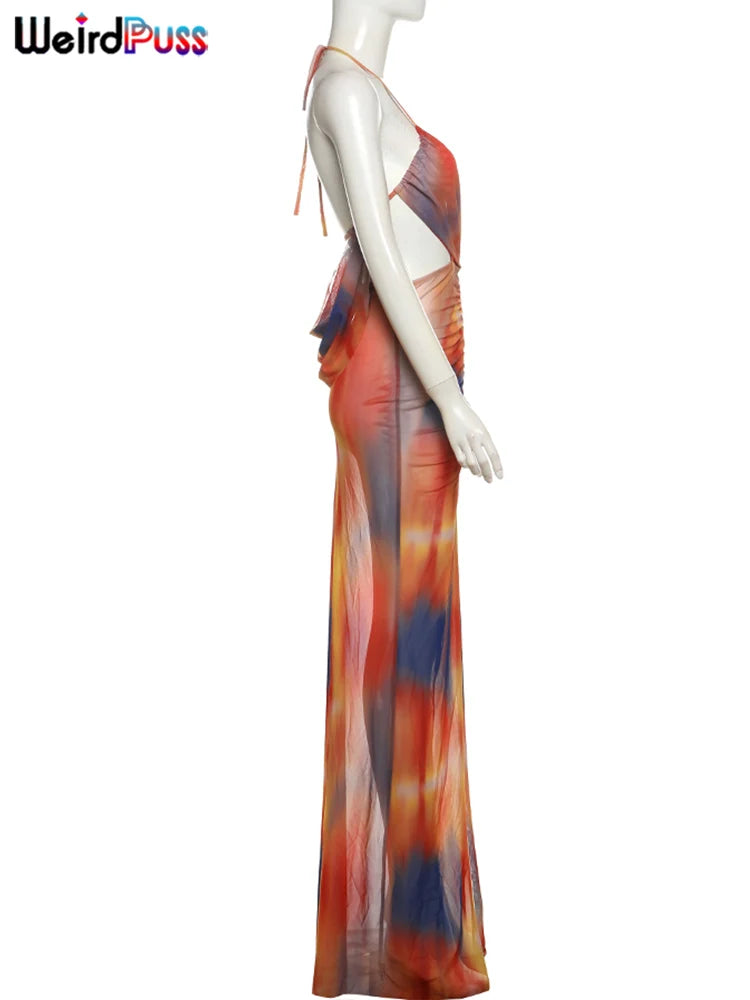 Weird Puss Irregular Ruched Dress Women Sexy Mesh Colorful Gradient Summer Trend Cross Backless Split Hollow Stretch Bodycon