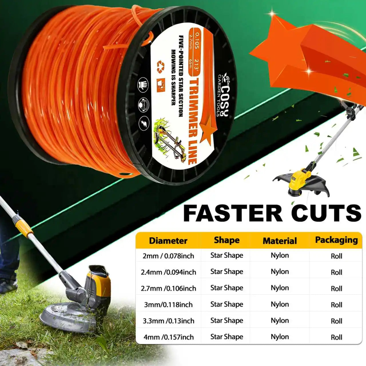 TSES 2.4mm~4mm Brush Cutter Sharp Rope 46m~130m Grass Mower Pentagram Nylon Mowing Strimmer Trimmer Line Weed Whacker Line