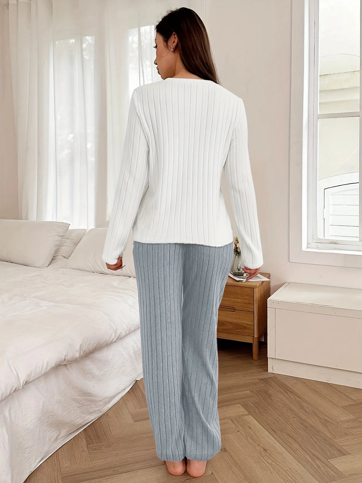 Women's Fleece Lined Pajama Set - Round Neck Top & Pants - photo 2