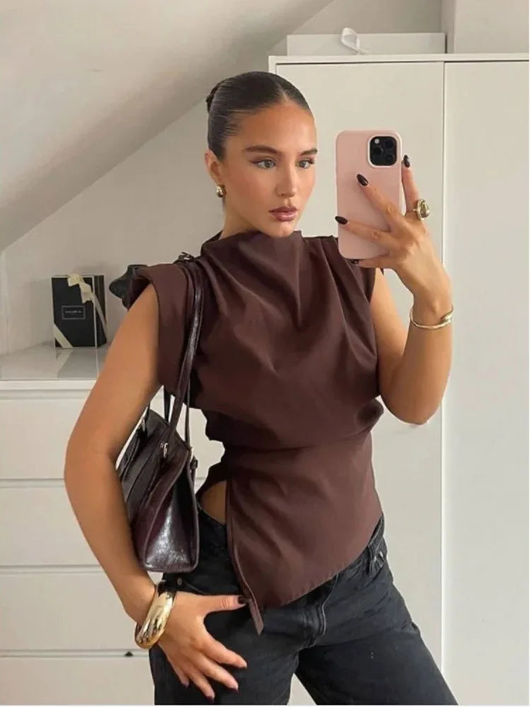 Fashion Shoulderless Top European American Style Simple Pleated Decorative New Top