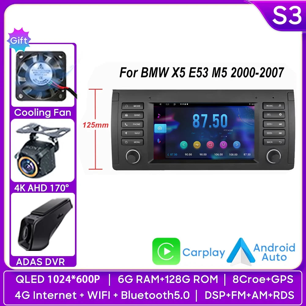 7" Android Car Stereo for BMW 5 Series E39 & X5 E53 (1996–2003) — Android Auto, GPS, 4G, WiFi, 2-DIN