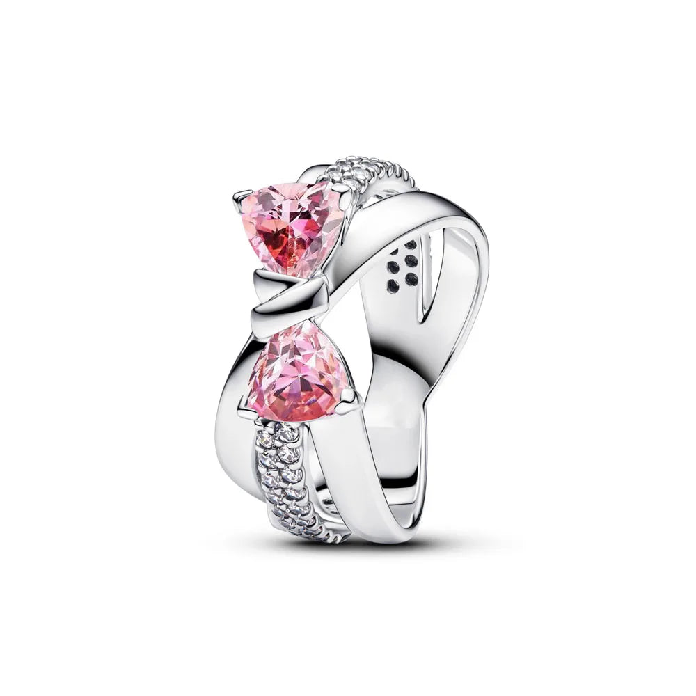925 Silver Bow Ring – Dainty Pink & Red Stackable Band