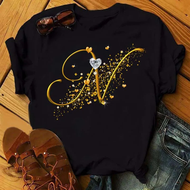 Women's Personalized Letter Graphic Tee — Gold Diamond-Font Monogram Short-Sleeve Top