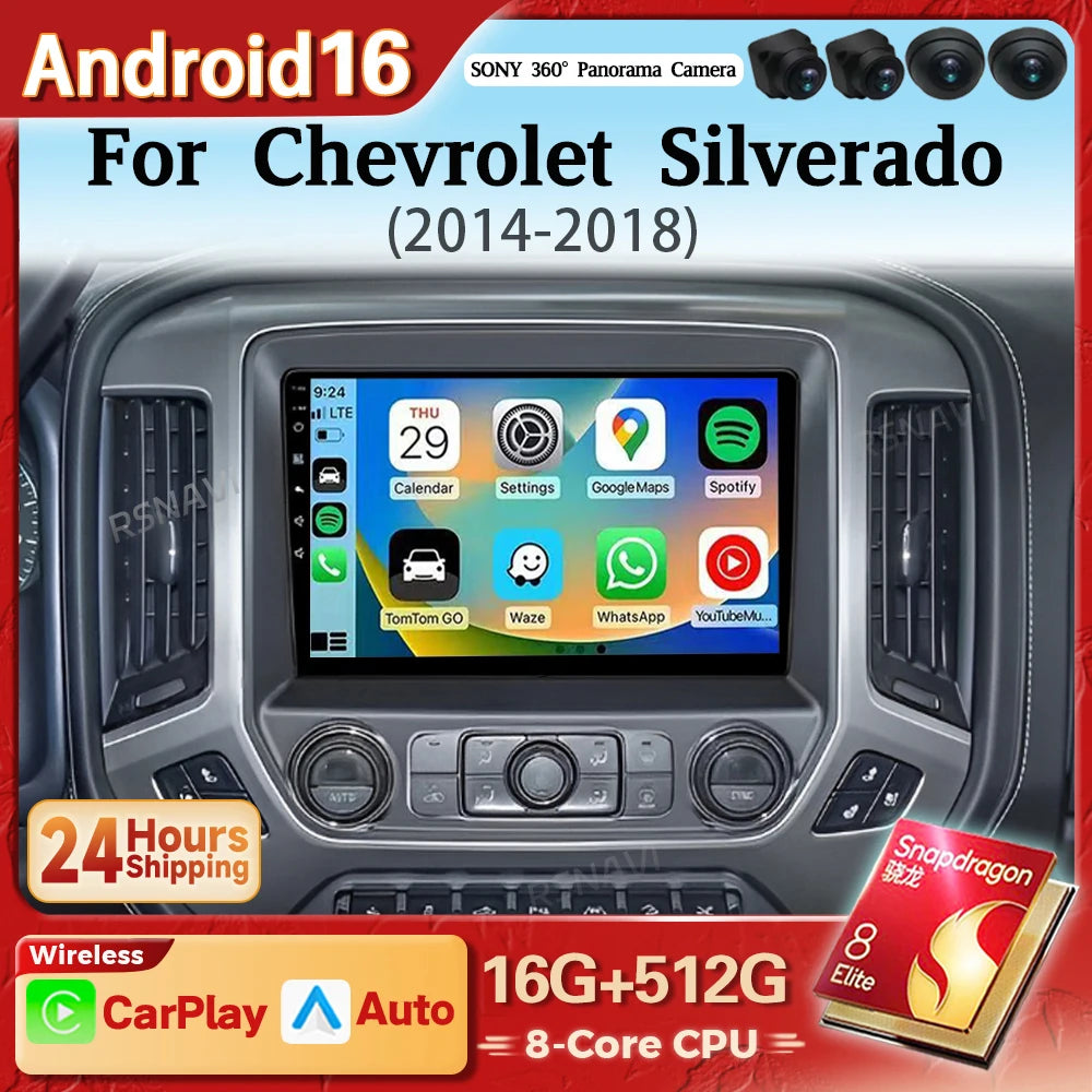 Android 16 Carplay Auto Car Radio Multimedia Player For Chevrolet Silverado 3 GMTK2 2013 - 2019 E53 X5 M5 Wireless BT Snapdragon