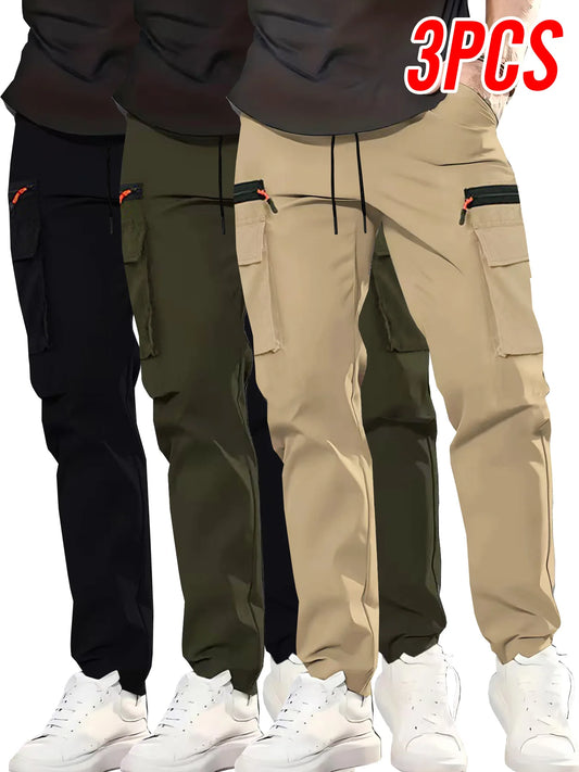 Men's Multi-Pocket Cargo Pants 3-Pack - Straight Leg Zip Detail Trousers