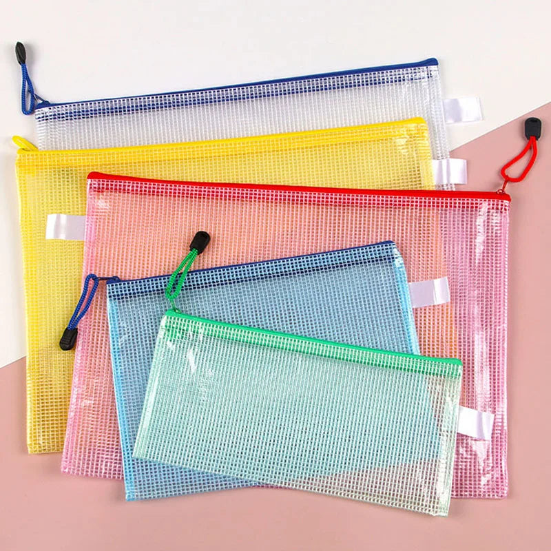 10PCS Stationery Storage Folder File Mesh Zipper Pouch Document Bag Office and Educational Supplies Storage Students Stationery