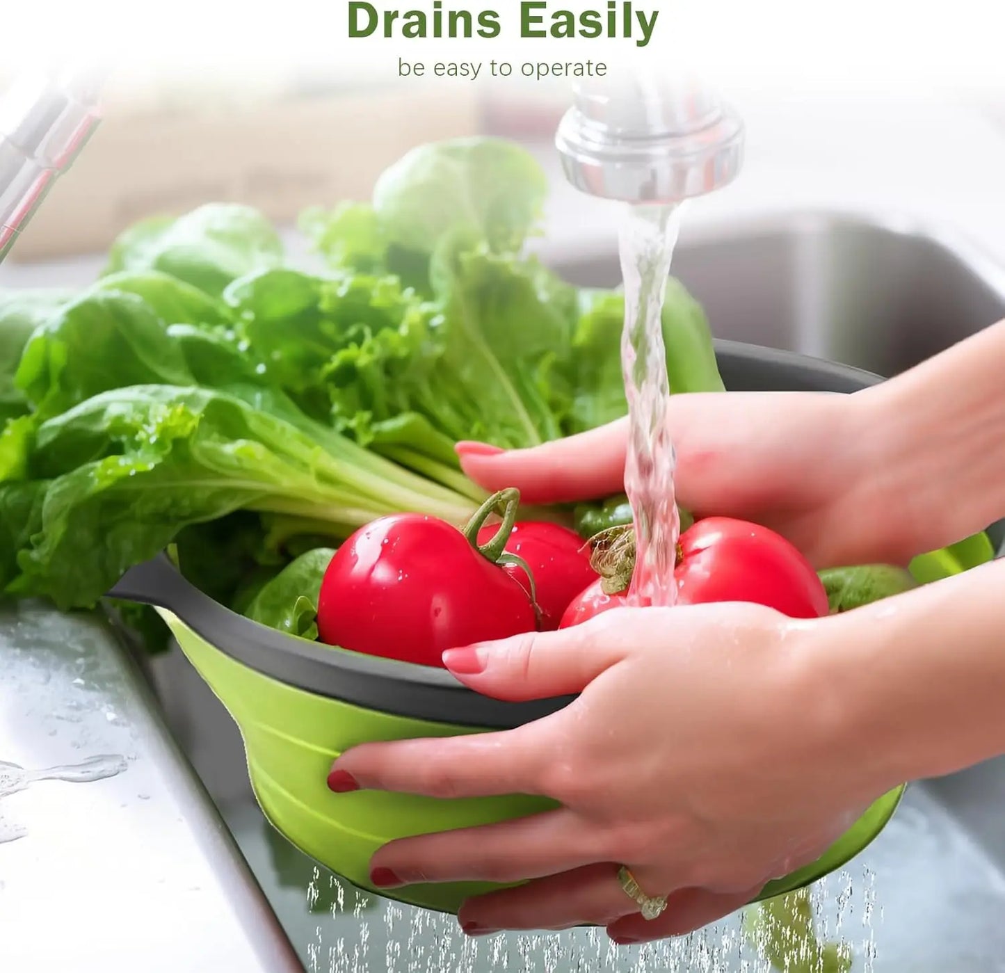 Single Pc Kitchen Travel Colander - Green Silicone Collapsible Strainer for Draining Pasta Fruits Vegetables