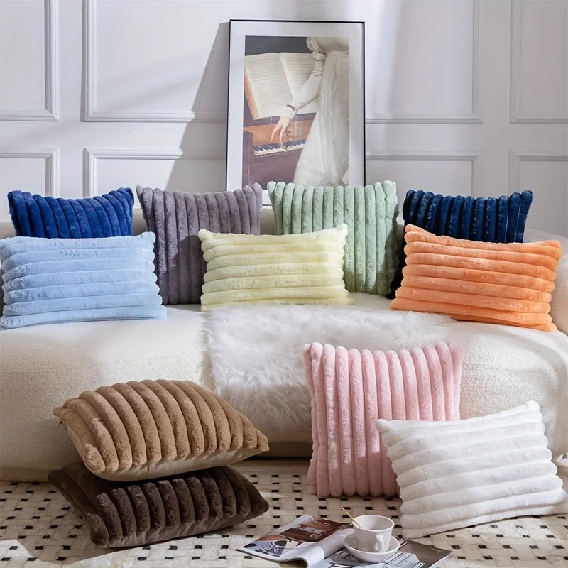 Fuzzy Striped Throw Pillow Cover - Soft Plush Cushion Case for Sofa - photo 3