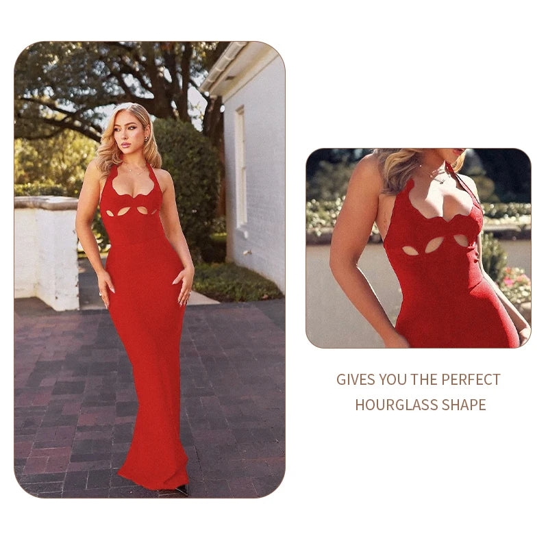 VC Black Halter Elegant Dress For Women 2026 New Summer Evening Party Celebrity Bodycon Long Dress Red Brown Prom Vestido