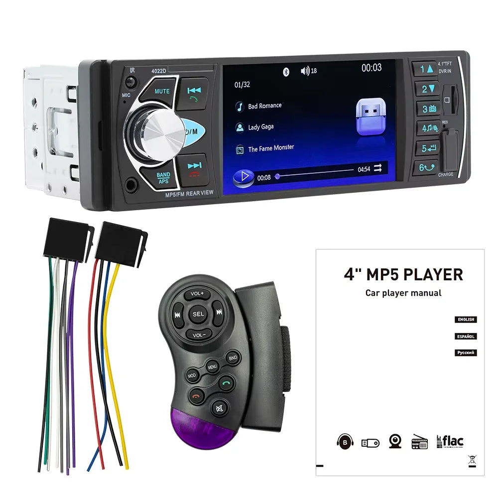 BQCC 4" 1-DIN Car MP5 Player — Bluetooth, USB/TF, FM Radio, Reverse-Camera Input, 7 Colour Lights