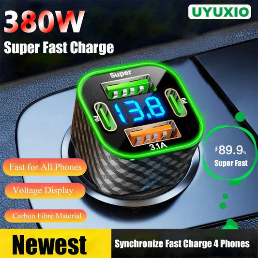 USB-C Car Charger 4-in-1 Dual PD Fast Charge with Voltage Display – iPhone, Samsung, Xiaomi