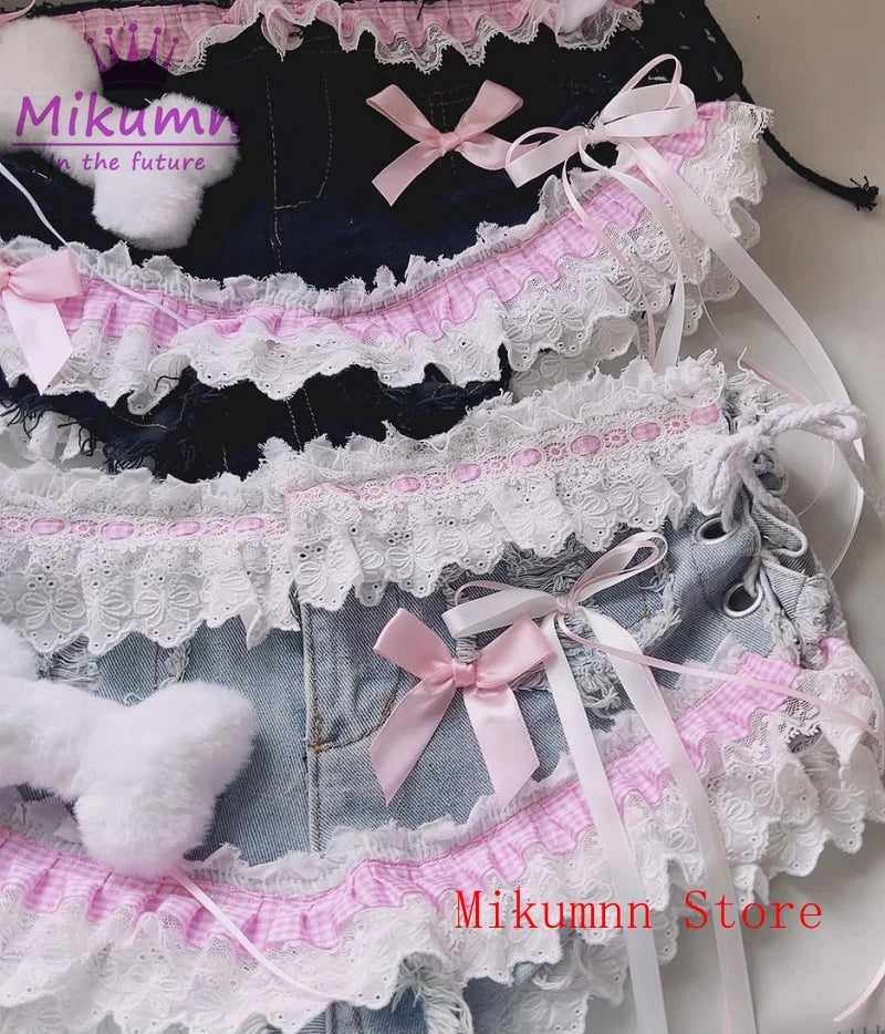 Mikumn Harajuku Y2k Women Sexy Lace Shorts Punk Girls Sweet Bow Angel Wing Bone Lace-up Low Waist Denim Shorts Jeans Streetwear