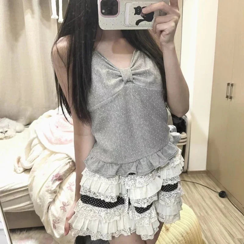 Y2K Retro Polka Dot Lace Tops Women Sweet Hot Girls Summer Vintage Cute Strappy Y2K Harajuku Grunge Casual Fashion Vest New