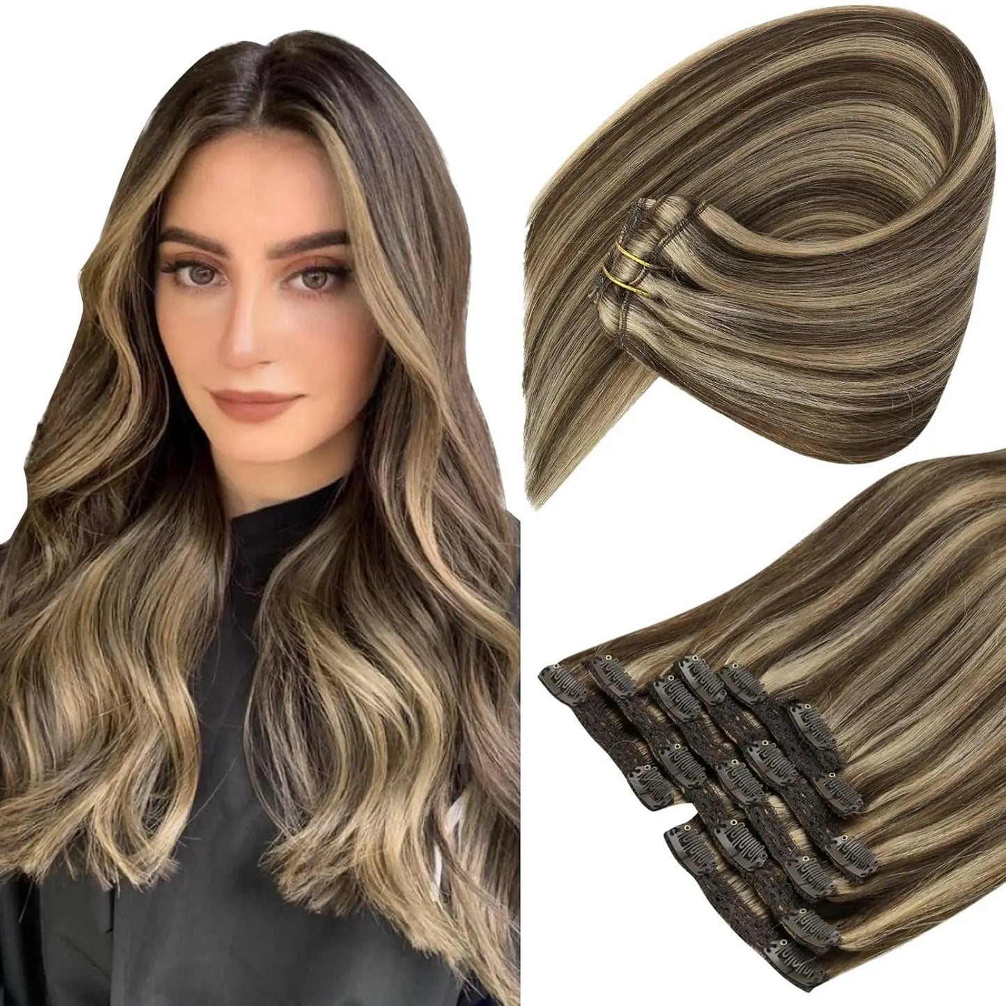 VeSunny Clip in Hair Extension Human Hair Balayage Natural Human Hair Extension Human Hair Clip Extension for Women