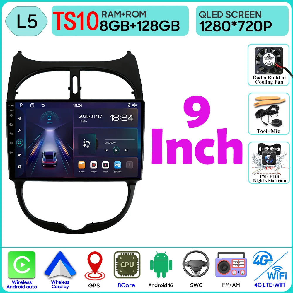 Android 16 Car Radio For Peugeot 206 206CC 1998-2012 Car Stereo Bluetooth 4G Wifi GPS Navigation Screen Wireless Carplay Monitor