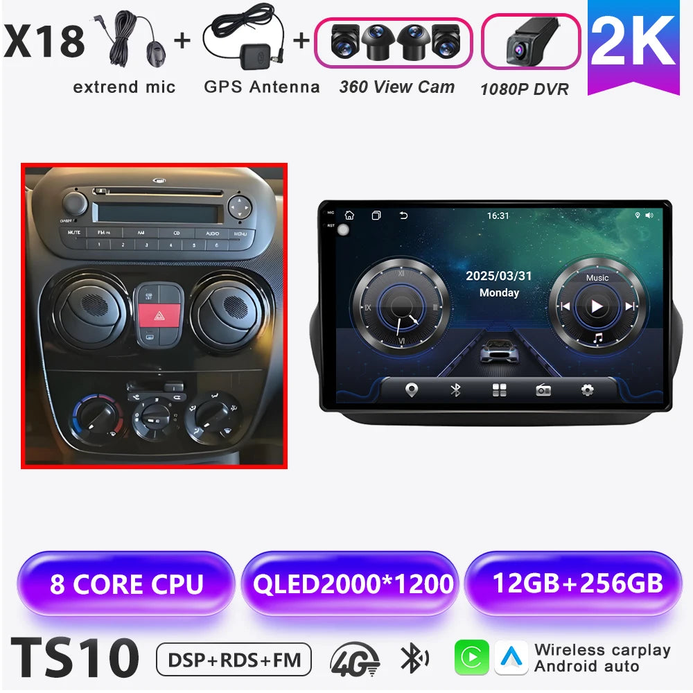 Car Stereo with Apple CarPlay & Android Auto, Compatible with Fiat Fiorino & Qubo, Citroen Nemo & Peugeot Bipper