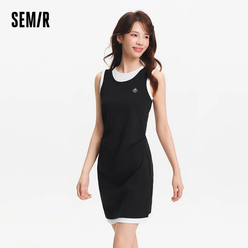 Semir Fake Two Piece Dress Women Fashionable Embroidery 2025 Summer New Slim Fit Flattering Short Dress Versatile