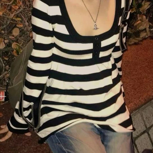 Women's Striped Long Sleeve Knit Top, Black and White