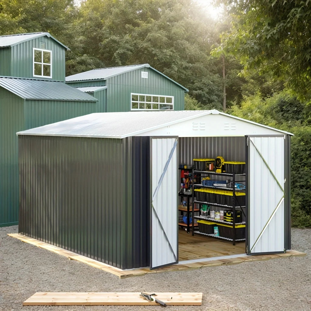 10x14 ft Galvanized Steel Lockable Garden Storage Shed