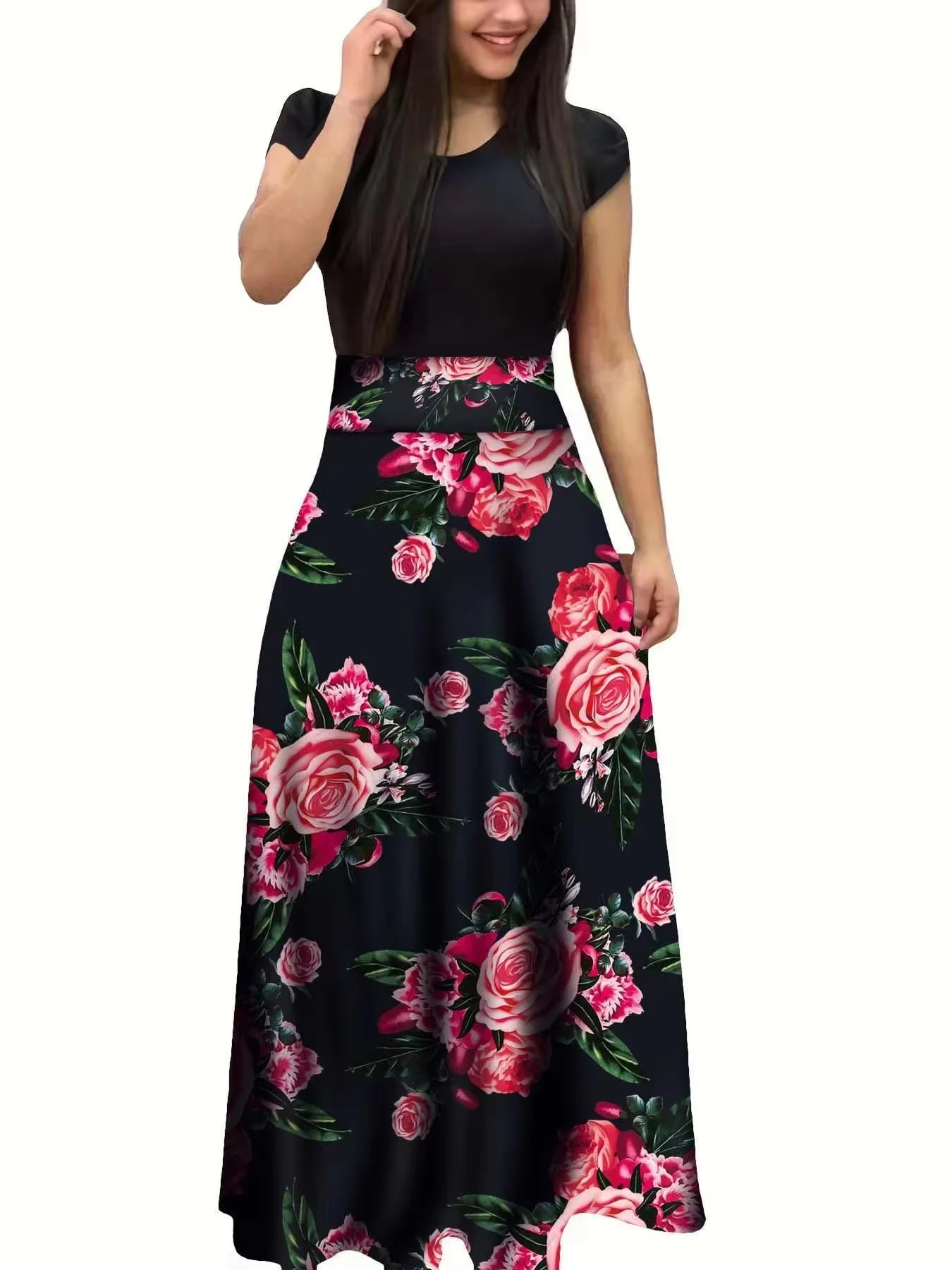 2025 European and American style flower print color matching short sleeved dress for women's large swing skirt