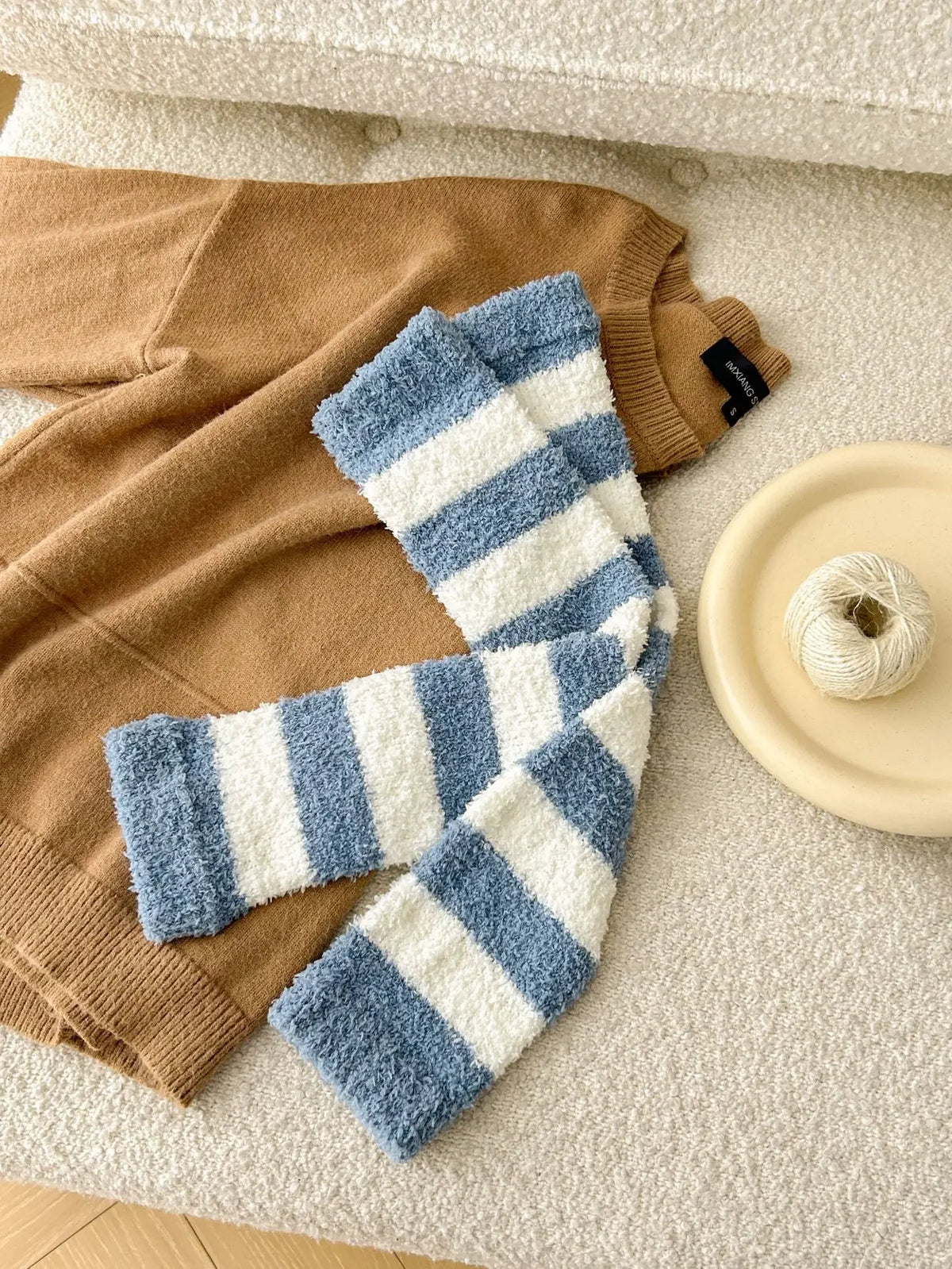 Women's Striped Coral Fleece Leg Warmers, Over the Knee