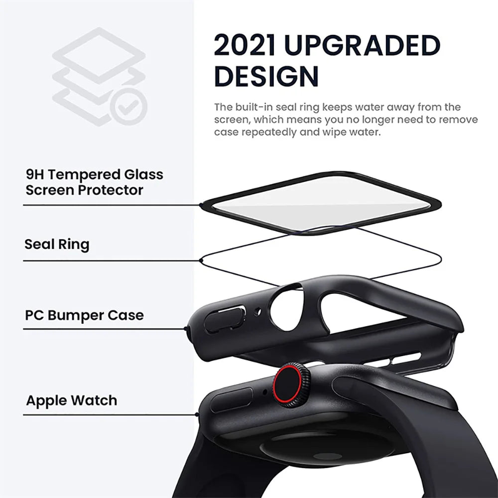 Apple Watch Tempered Glass Case + Screen Protector – Series 1–11, SE & Ultra 2 (38–46mm)