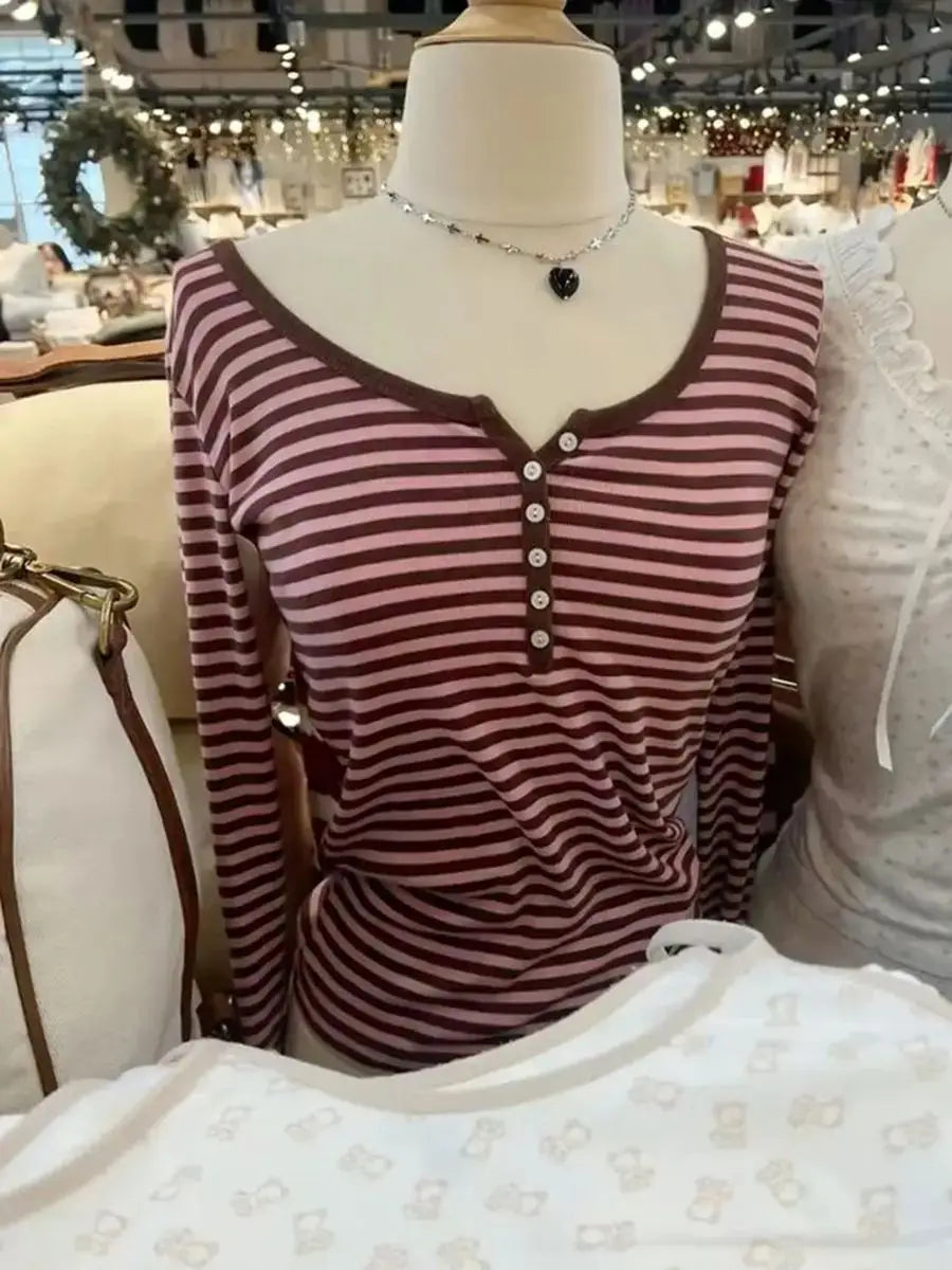 Women's Ribbed Long-Sleeve Top — Six-Button Slim Round-Neck Y2K Tee