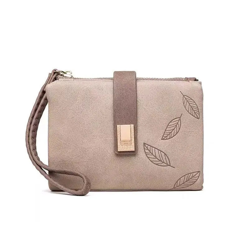 Spring/Summer 2026 new women's short wallet, high-quality PU hardware leaf buckle, solid color zipper, student coin coin purse,