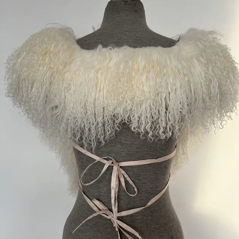 Fluffy Luxury  Real Mongolian Fur Halter Vests Women Solid Deep V-Neck Backless Bandage Sleeveless Jackets Top Outerwear Coat