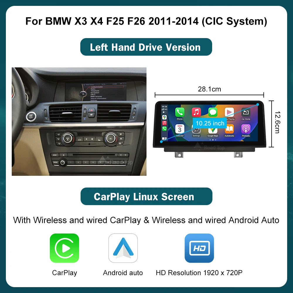 RoadTop 12.3'' Wireless CarPlay Multimedia Linux Touch Screen For BMW X3 F25 X4 F26 2011-2016 CIC NBT Android Auto Link