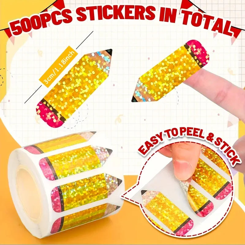 100-500pcs Laser Gold Pencil Stickers Party Gift Wrapping Label Scrapbook Cartoon Rewards Stationery Stickers