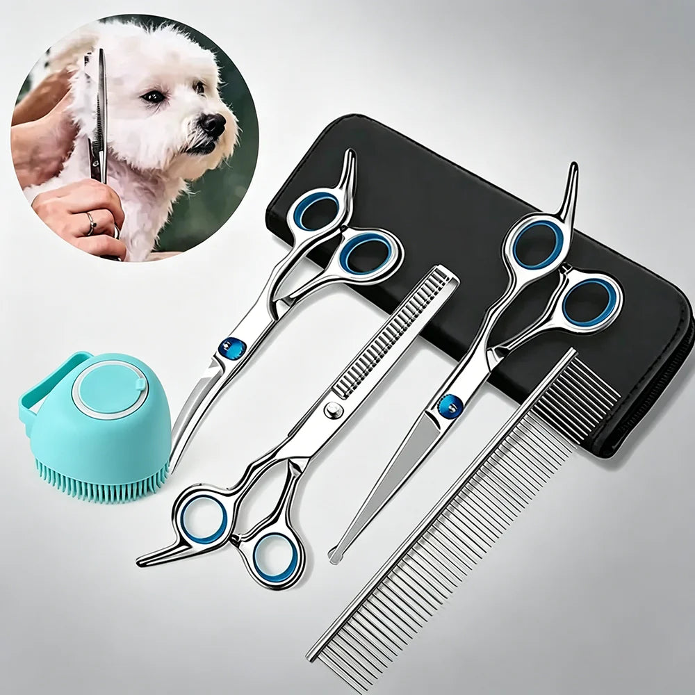 Pet Grooming Kit - Trimming Scissors & Shower Brush Set