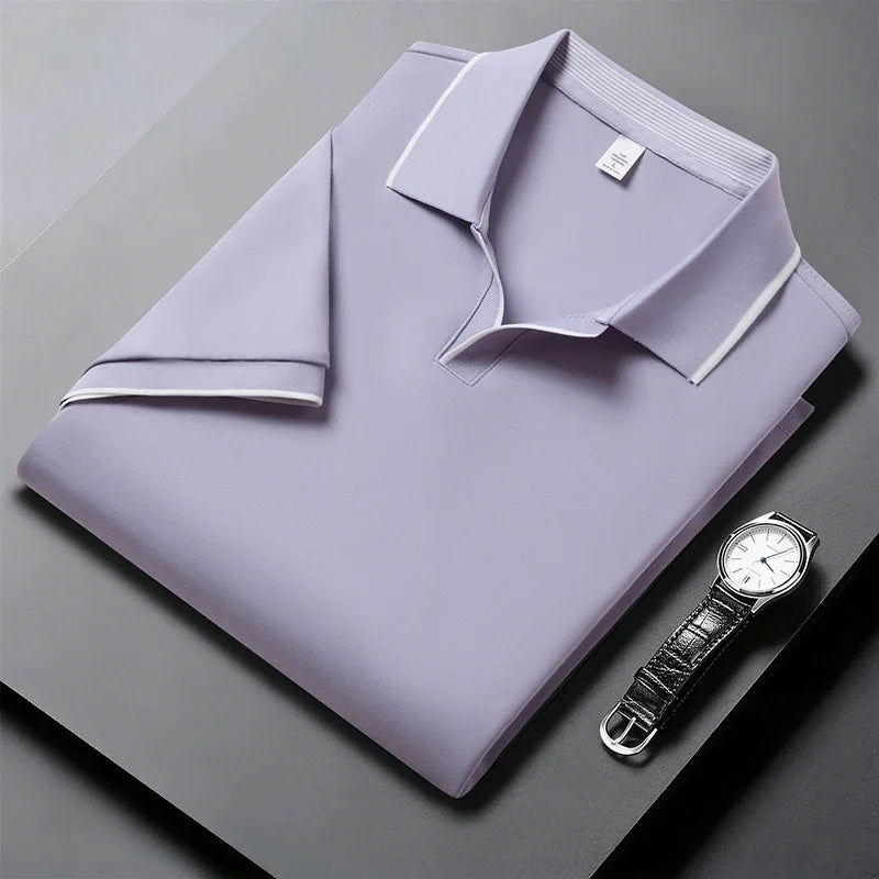 Men's Piping-Detail Polo - Soft Stretch, No-Button Placket