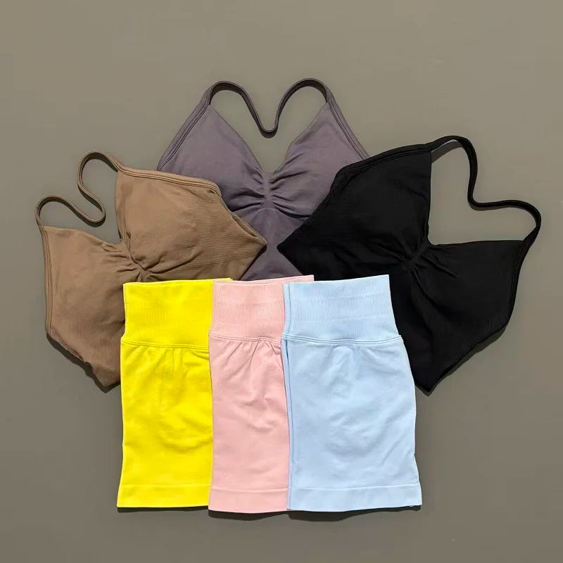 Yoga 2 Pieces Gym Set Women Backless Halter Tops High Waist Seamless Shorts Gym Suit Fitness Sports Bras Sportswear Workout Sets