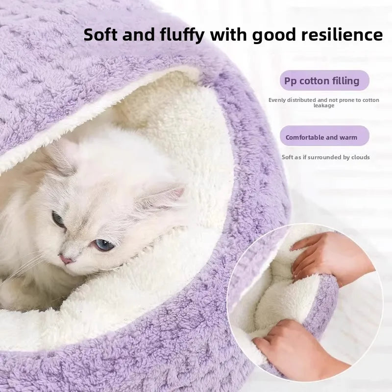 Cat Bed Mat for Autumn and Winter Thickened Warmth Semi-Enclosed House Security Shell-Shaped Cats Nest Pet Sleeping Accessories