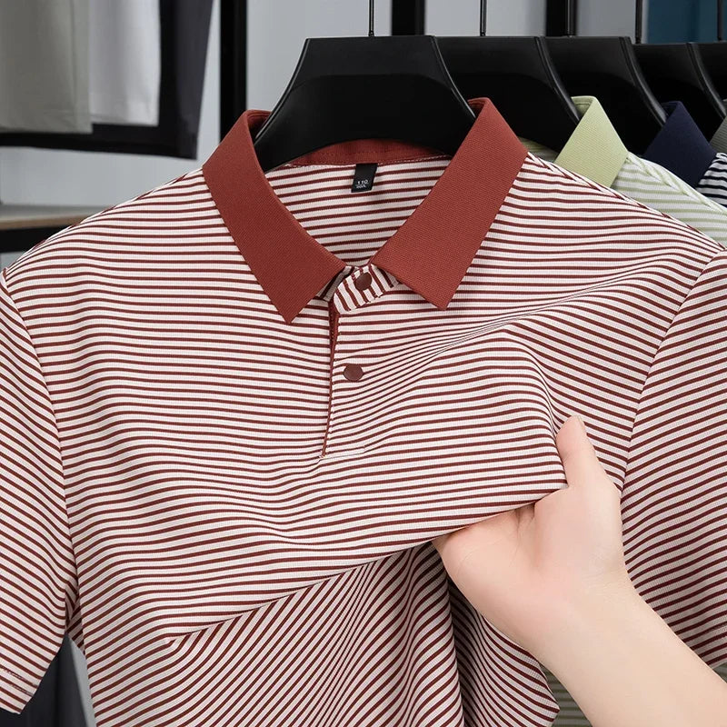 Men's Fine-Stripe Lapel Polo - Breathable Mesh, Soft Stretch