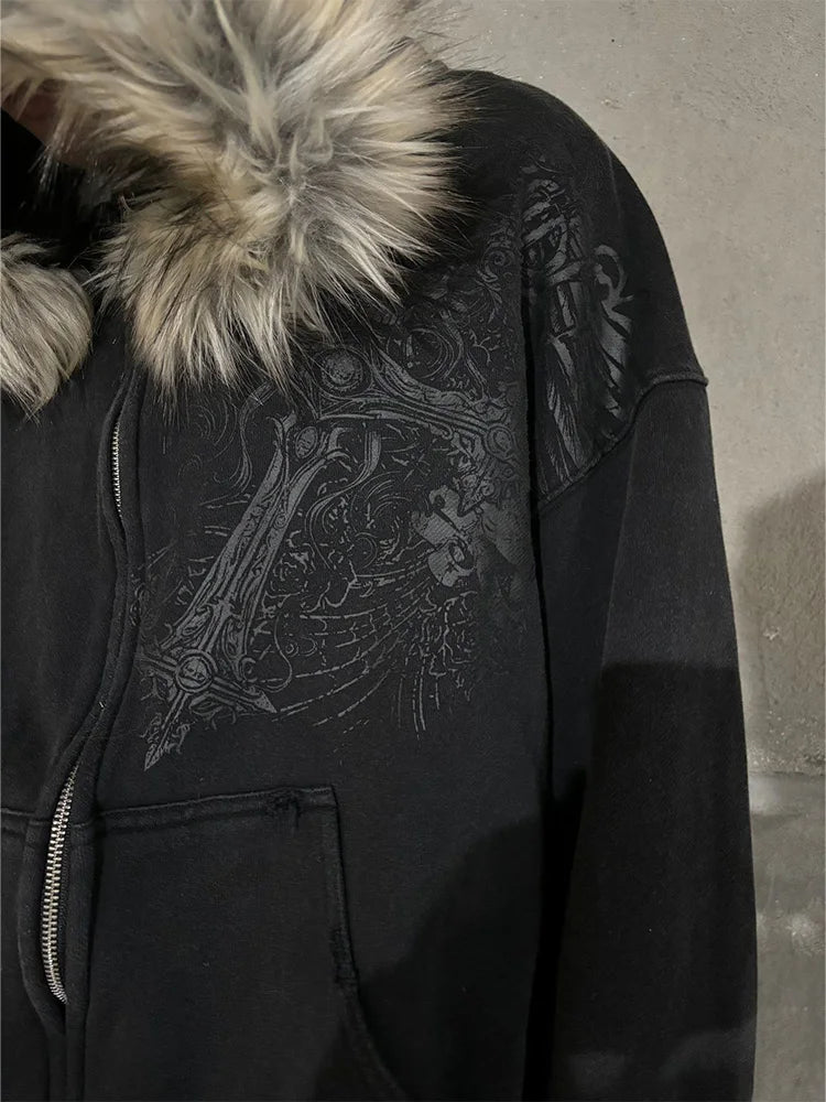 Women's Faux Fur Collar Zip-Up Hoodie, Gothic Streetwear