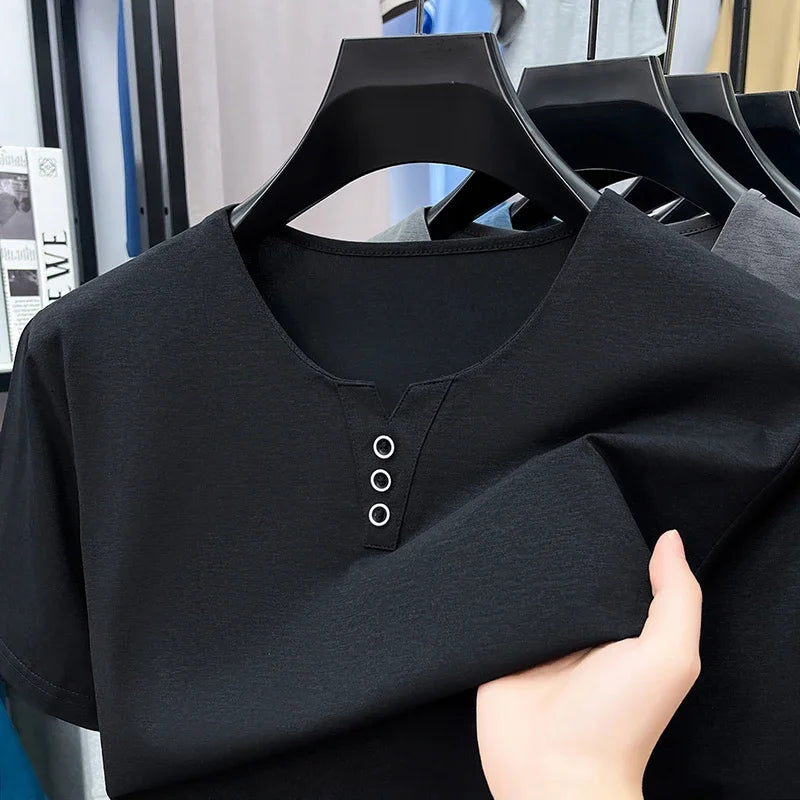 Men's Split V-Neck Tee - Three Metal Buttons, Breathable Slim Fit