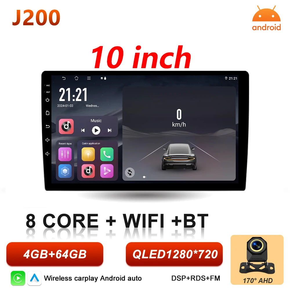 Universal 2-DIN Android Car Stereo (9"/10") — CarPlay, Android Auto, GPS, QLED Screen, WiFi, Bluetooth