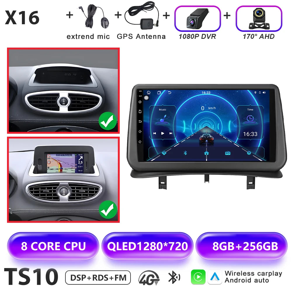 Android 16 Auto Car Radio For Renault Clio 3 2005-2014 Wireless CarPlay 4G Multimedia Player Navigation GPS Autoradio BT No 2din
