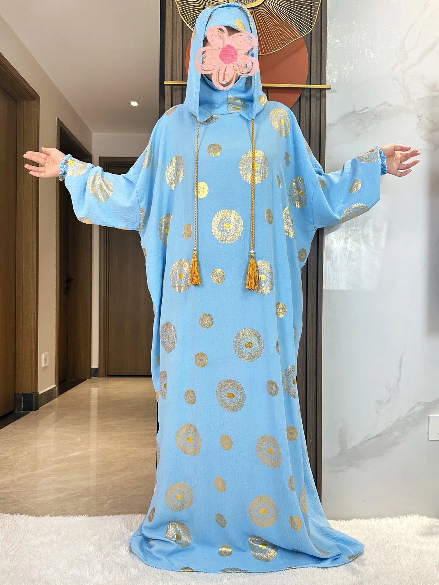 Women's Cotton Embroidered Abaya Kaftan – Gold Dust Shimmer, Loose Fit, All-Season Muslim Dress