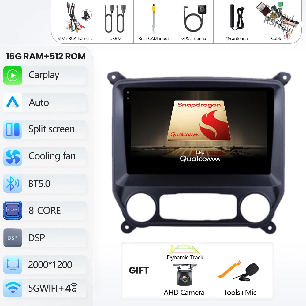 Android 16 Carplay Auto Car Radio Multimedia For Chevrolet Silverado 3 GMTK2 2014 2015 2016 2017 2018 GPS BT 4G Stereo Head Unit